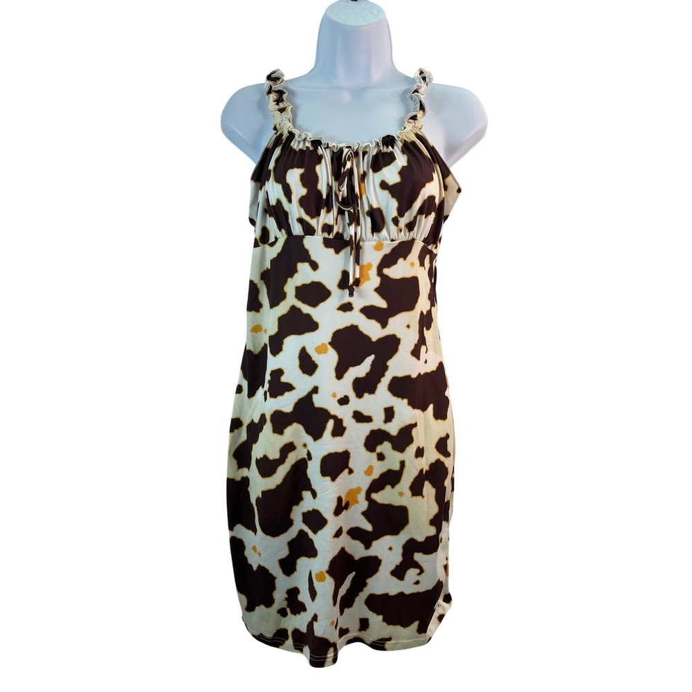 Peach Love California Cow Print Mini Dress M Ruched Baby Doll Western Cowgirl